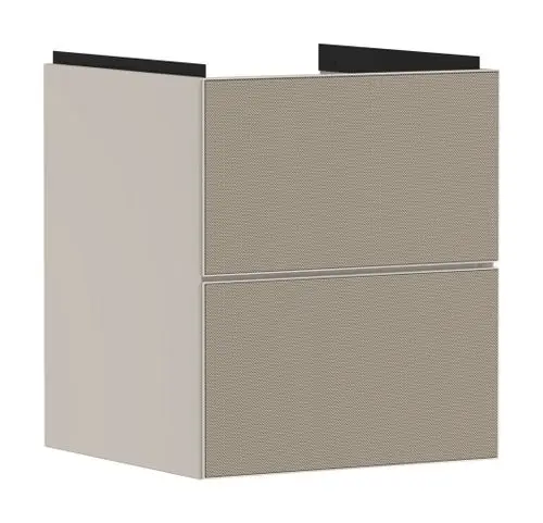 Weißer Waschtischunterschrank mit zwei Schubkästen, geeignet für ein Handwaschbecken, präsentiert von Hansgrohe. Schubladenfront in sandbeigem Finish.
